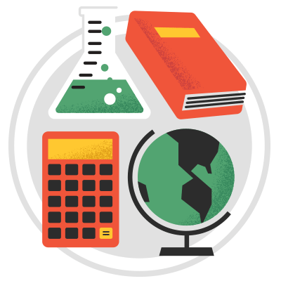 Illustrations representing each of the four GED subjects, a beaker for science, a red book for language arts, a calculator for math, and a globe for social studies