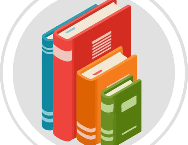 Illustration of four different books that are different colors and sizes